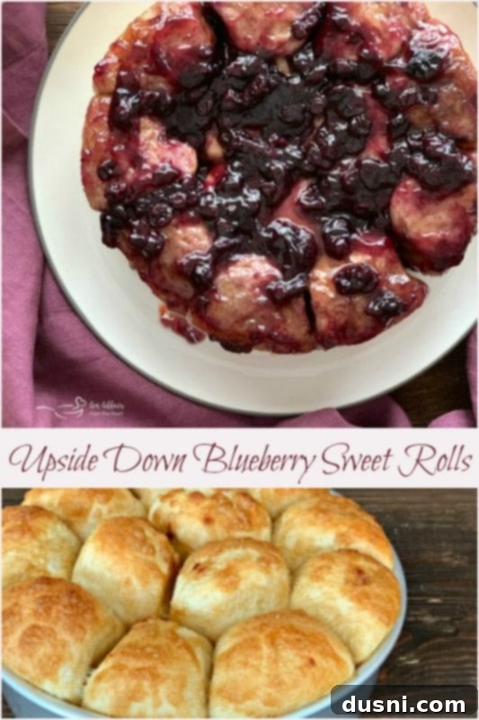 Caramelized Blueberry Upside-Down Rolls 12 Blueberry Sweet Rolls: A vertically oriented close-up of a single blueberry sweet roll, showing the fluffy interior and vibrant blueberry topping.