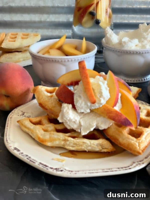 Caramelized Blueberry Upside-Down Rolls 5 Puffles with Peaches 'n Cream: Golden-brown puff pastry waffles topped with fresh peaches and a dollop of cream, presented on a white plate.