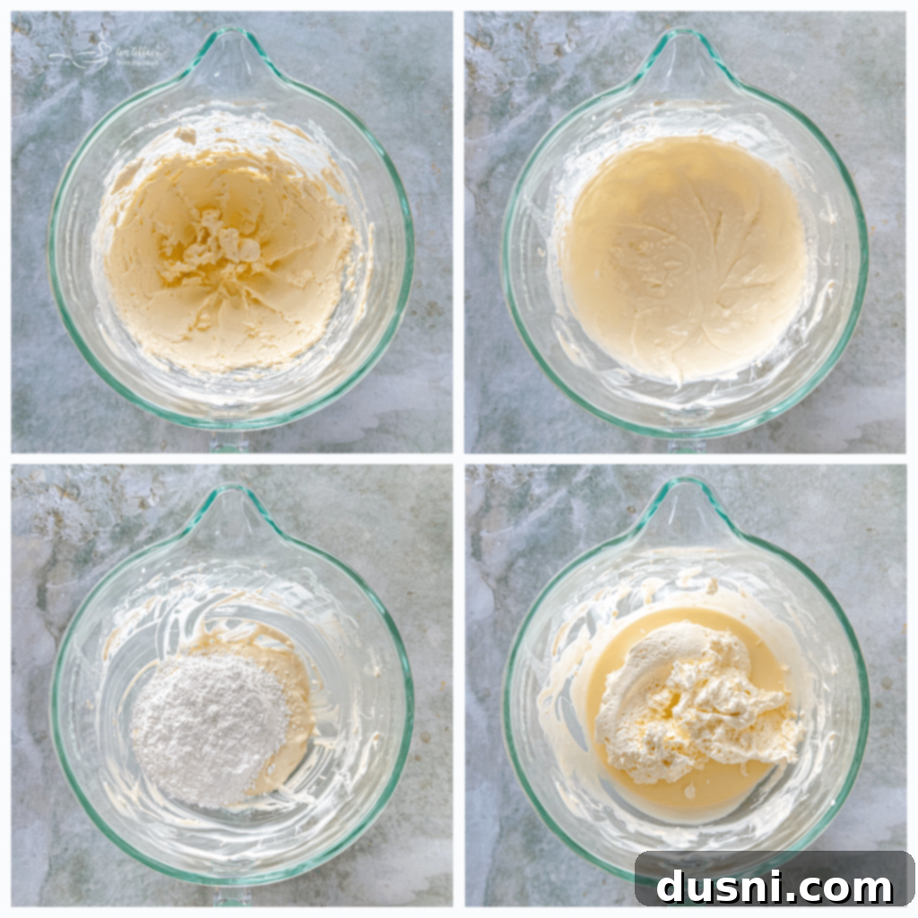 Ultimate Margarita Pretzel Dip 8 Collage showing steps for making Margarita Dip: creaming butter and cream cheese, adding liquids, adding sugar, folding in whipped topping.