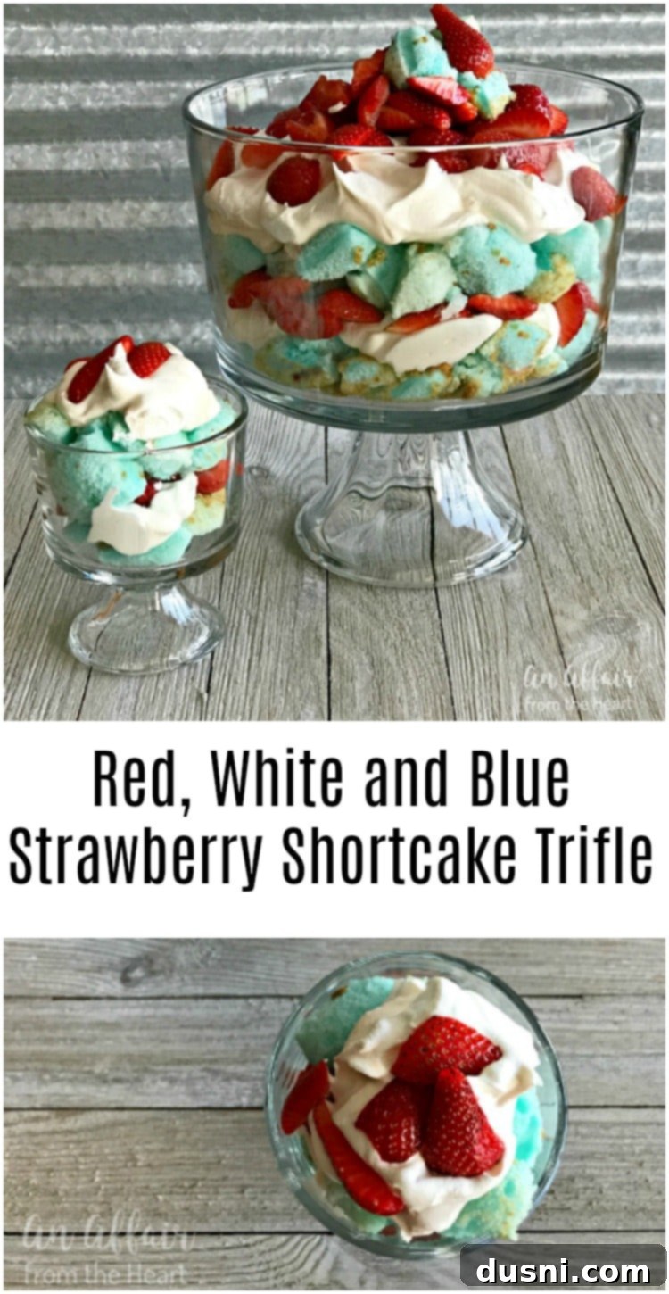 Red, White and Blue Strawberry Shortcake Trifle featuring tinted angelfood cake, fresh strawberries, and non-dairy whipped topping - a light and low-fat patriotic dessert