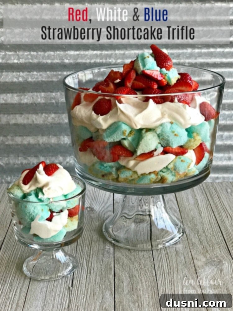 Hero shot of Red, White and Blue Strawberry Shortcake Trifle in a glass bowl