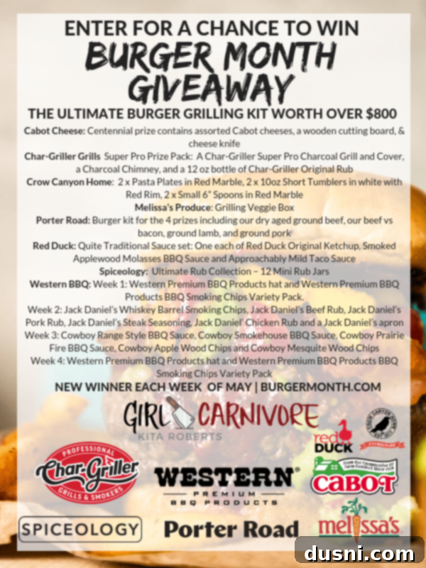 Official Burger Month 2019 Giveaway banner, highlighting sponsors and prize value.