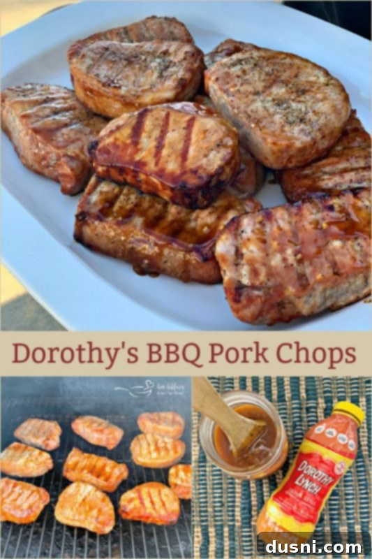 Dorothy's Signature BBQ Pork Chops 10 Dorothy's BBQ Pork Chops on a grill and with BBQ sauce