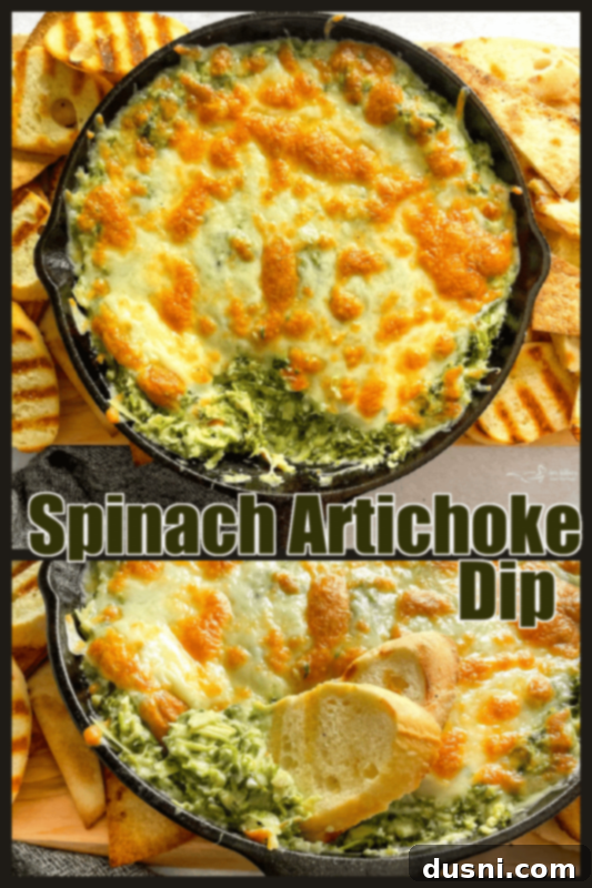 The baked spinach artichoke dip in a cast iron skillet, garnished with fresh herbs, and surrounded by toasted bread for dipping.