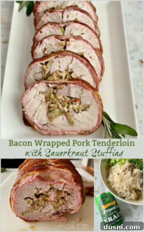 Pastırmalı Lahana Turşusu Dolgulu Domuz Kontrafile 3 Close-up of the prepared bacon-wrapped pork loin with sauerkraut stuffing, showcasing the golden-brown bacon.