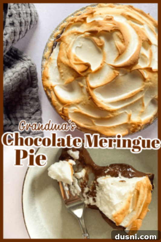 A close-up of the perfectly toasted meringue on a chocolate meringue pie.