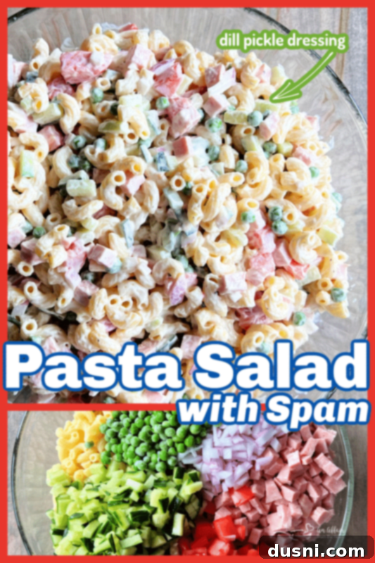 A close-up shot of the creamy Spam pasta salad served in a white bowl, showing the texture and ingredients.