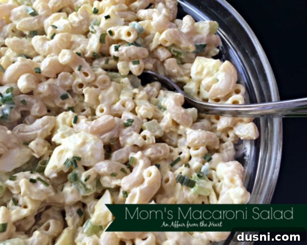Promotional image for 'Mom's Macaroni Salad' featuring a close-up of a creamy macaroni salad.