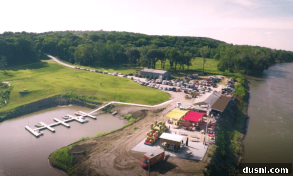 Aerial view of Surfside Club in Omaha, Nebraska, situated by the Missouri River.