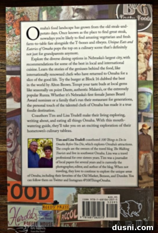 Back cover of the book 'Unique Eats and Eateries of Omaha,' highlighting diverse cuisine types.