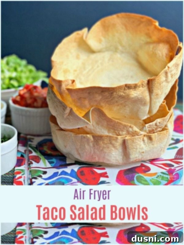 Crispy Air Fryer Taco Salad Bowls 3 Air Fryer Taco Salad Bowls ready to be filled with delicious ingredients