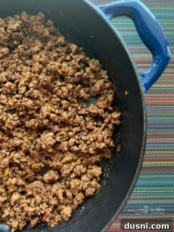 Close-up of perfectly simmered taco meat, ready for the Dorothy Lynch Taco Salad