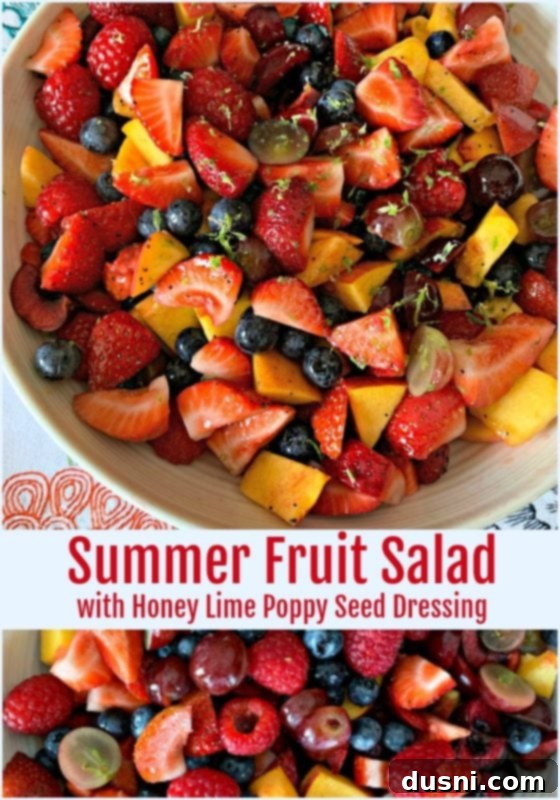 Summer Fruit Salad with Honey Lime Poppy Seed Dressing - An Affair from the Heart blog name on image