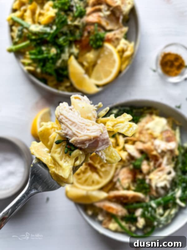 A serving of Chicken Divan showing the chicken, broccoli, and noodles coated in sauce