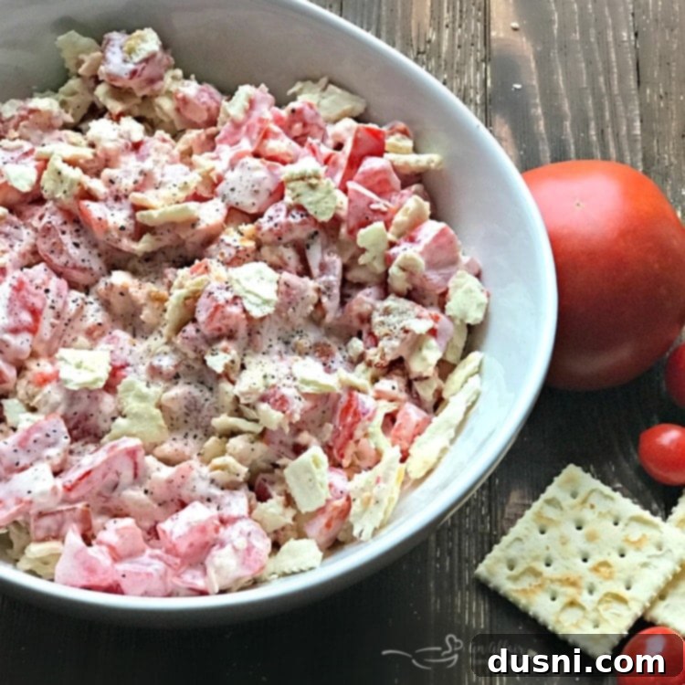 Close-up of Tomato Cracker Salad in a serving bowl, showcasing its simple ingredients.