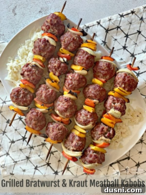 Sizzling Brat & Krautball Skewers 12 A perfectly grilled Bratwurst & Kraut Meatball Kabob, ready to eat
