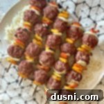 Sizzling Brat & Krautball Skewers 14 Overhead of Grilled Bratwurst & Kraut Meatball Kabobs