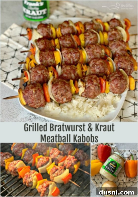 Sizzling Brat & Krautball Skewers 5 A serving of Grilled Bratwurst & Kraut Meatball Kabobs over sauerkraut