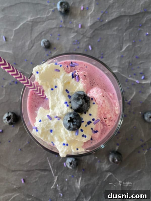 Violet Cream Dream 7 Top view of smoothie with straw and blueberries