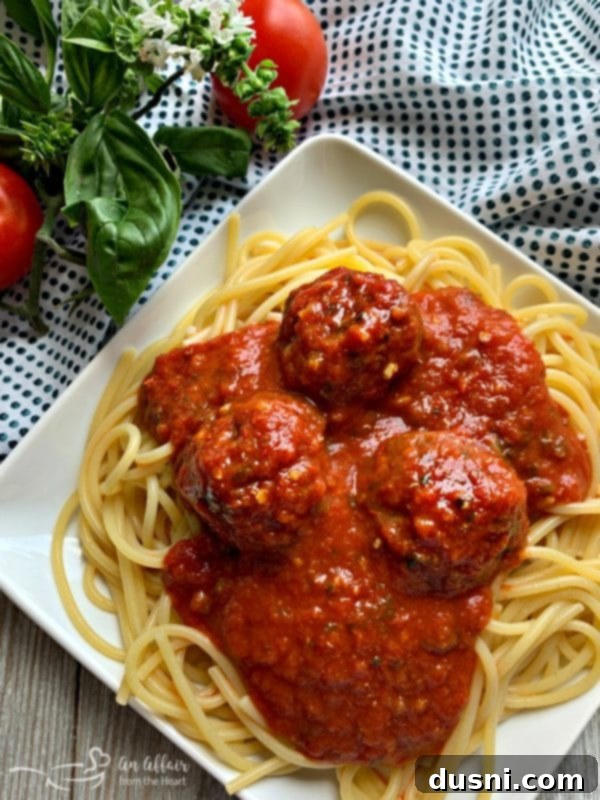 Italian Meatballs and Homemade Marinara Sauce served over spaghetti