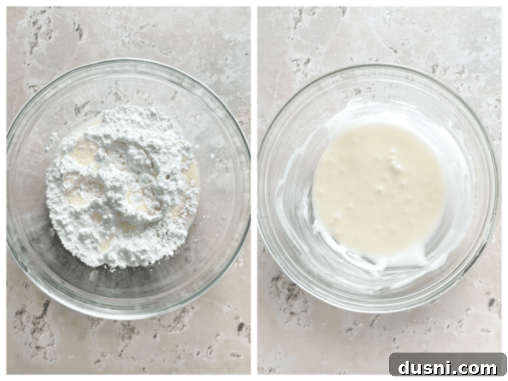 Glazed Snickerdoodle Bars 12 Pouring vanilla glaze over freshly baked snickerdoodle cookie bars in a baking pan.