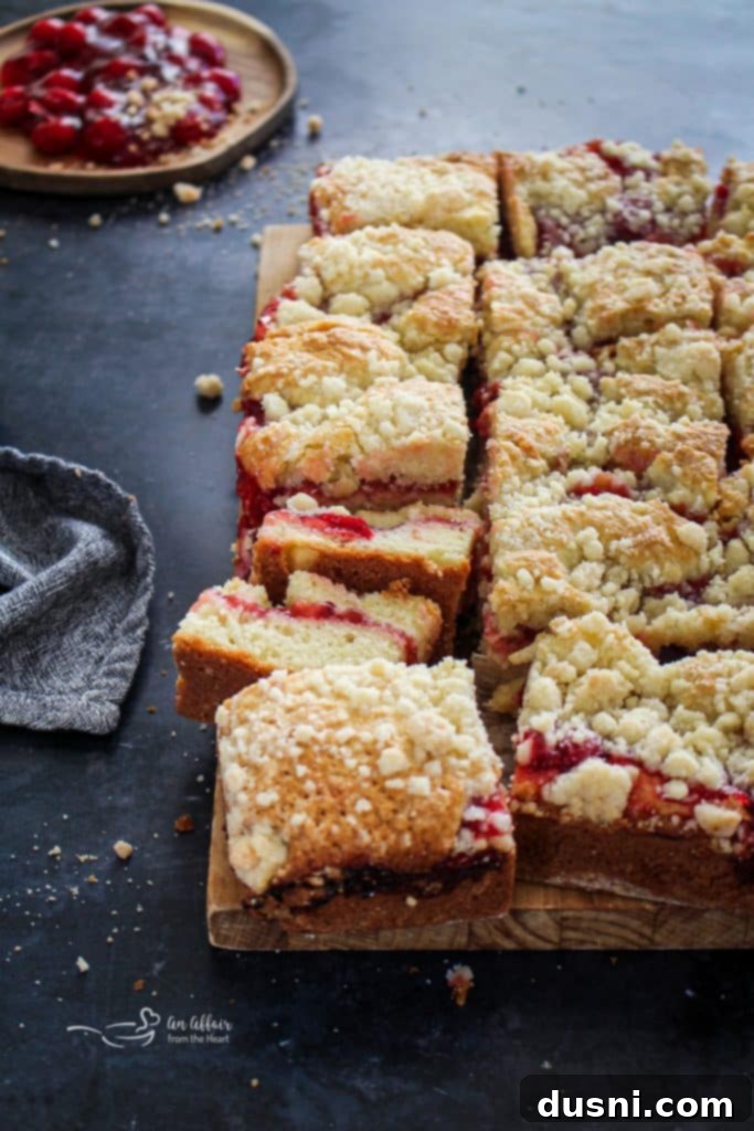 Cherry Streusel Coffee Cake 2 Close up shot of a slice of cherry coffee cake with crumb topping