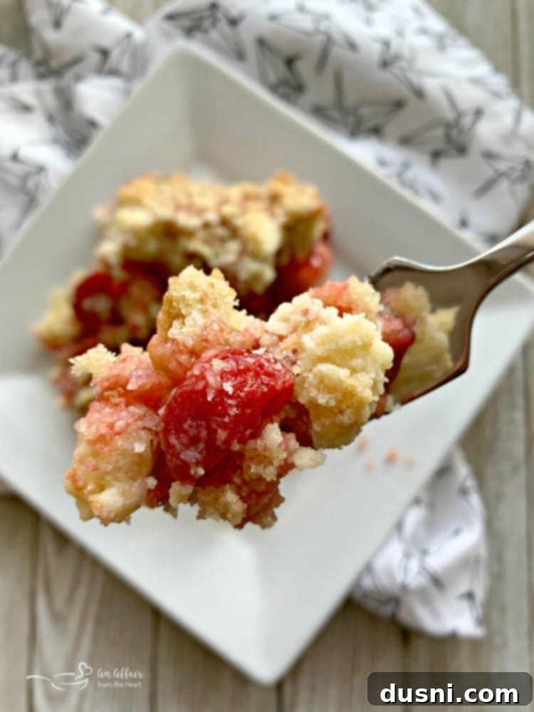 Cherry Streusel Coffee Cake 4 A bite taken out of a slice of cherry coffee cake, showing the layers