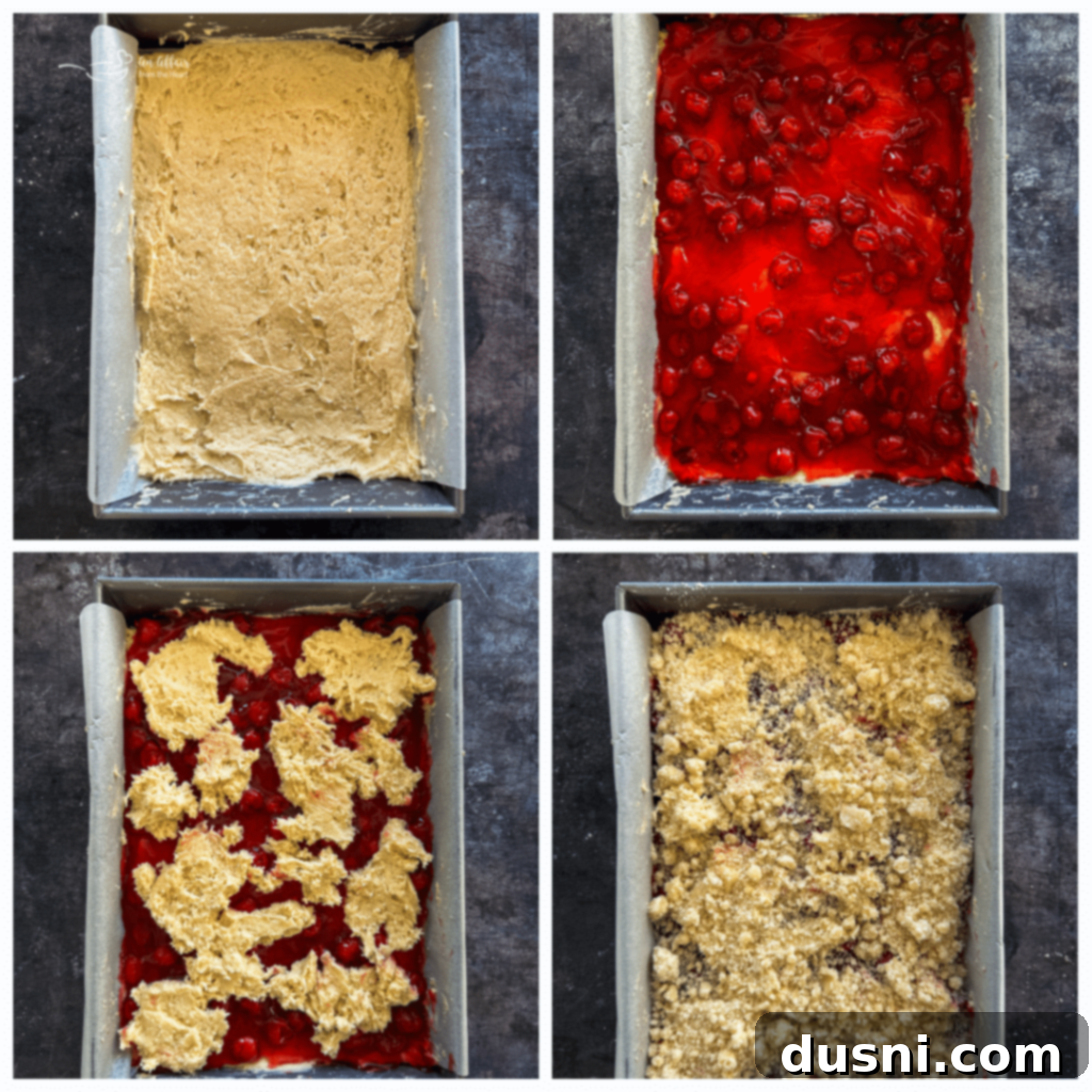 Cherry Streusel Coffee Cake 9 First layer of cake batter spread in a baking dish