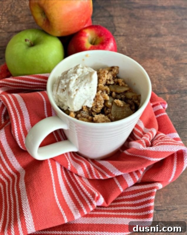 Apple Crisp in a Mug with a scoop of melting vanilla ice cream
