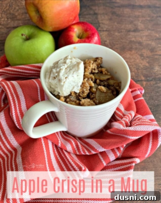 Hero shot of Microwave Apple Crisp in a Mug, ready to be enjoyed