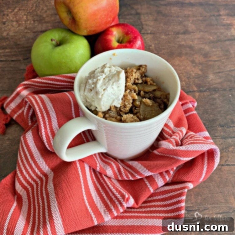 Top-down view of Apple Crisp in a Mug, showing a generous topping and warm, spiced apples beneath
