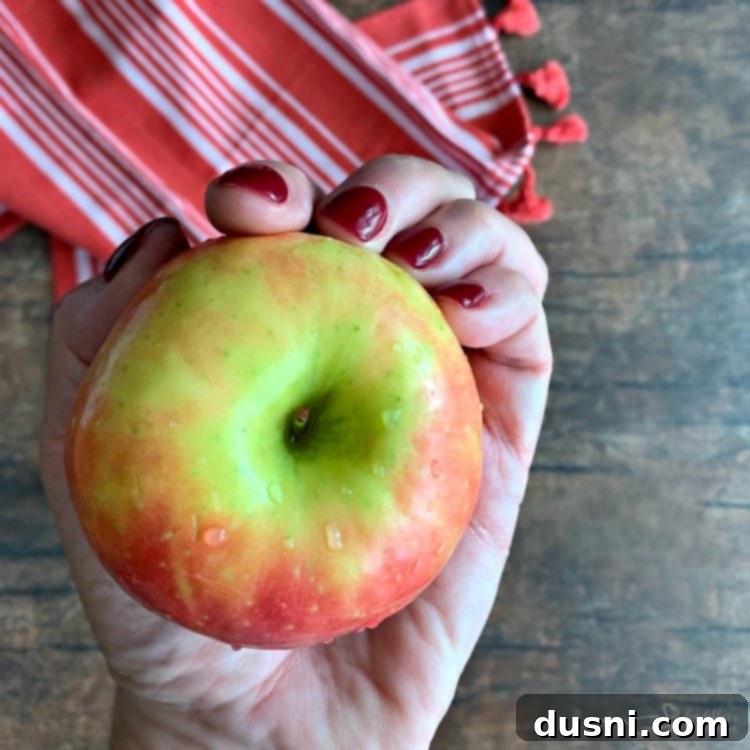 Hand holding a medium-sized apple, demonstrating the ideal size for the mug crisp