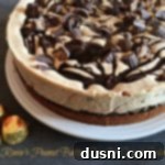 Overhed of reeses peanut butter cup ice cream cake with text 