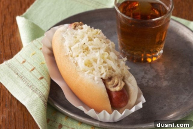 Delicious Polish sausage with a generous topping of homemade sauerkraut