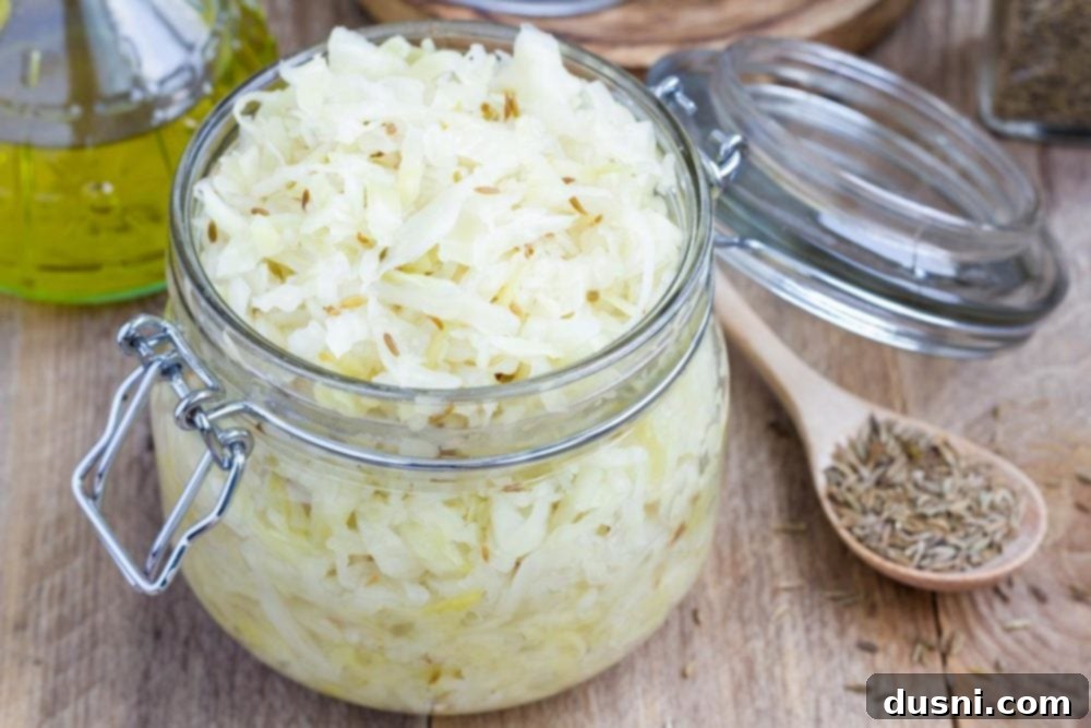 Close-up of fresh sauerkraut, highlighting its texture and beneficial probiotics