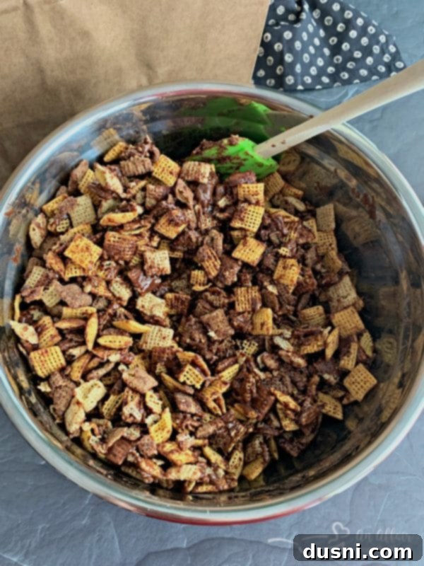 Halloween Double Peanut Butter Muddy Buddies prep with peanut butter