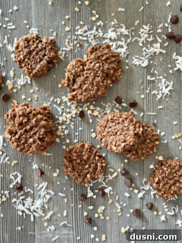 Top view of a beautifully arranged plate of Chocolate Oatmeal Coconut Cookies