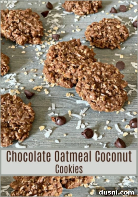 Close-up of freshly baked Chocolate Oatmeal Coconut Cookies on a cooling rack