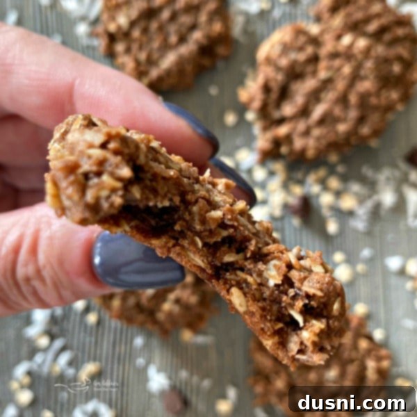 Close-up of a single perfectly baked Chocolate Oatmeal Coconut Cookie showcasing its chewy texture