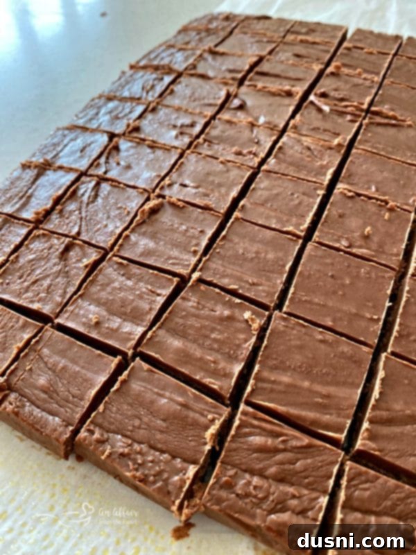 Perfectly cut squares of Never Fail Fudge arranged on a cutting board, ready for serving.