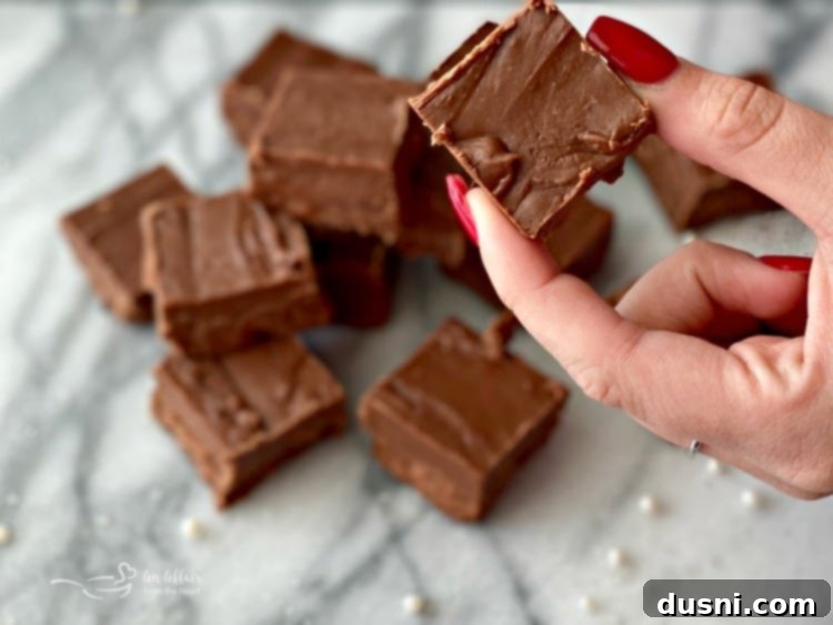 A close-up of a single piece of rich chocolate Never Fail Fudge, showing its smooth texture.
