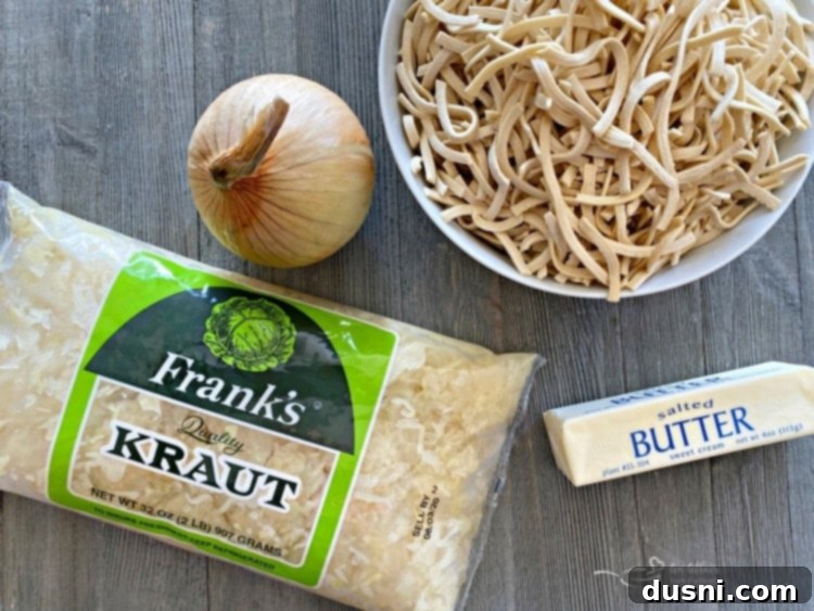 Polish Noodles and Sauerkraut 7 Uncooked ingredients for Polish Noodles & Kraut, excluding celery.