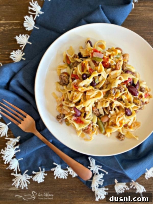 Delicious Five Bean Ground Beef & Noodle Skillet Casserole served from a pan
