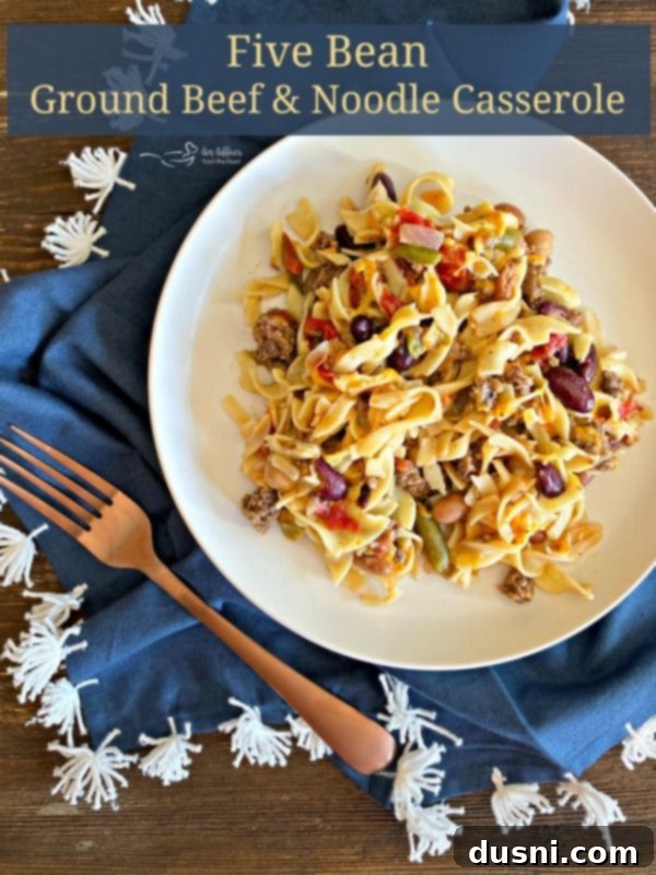 Overhead view of a prepared Five Bean Ground Beef & Noodle Skillet Casserole