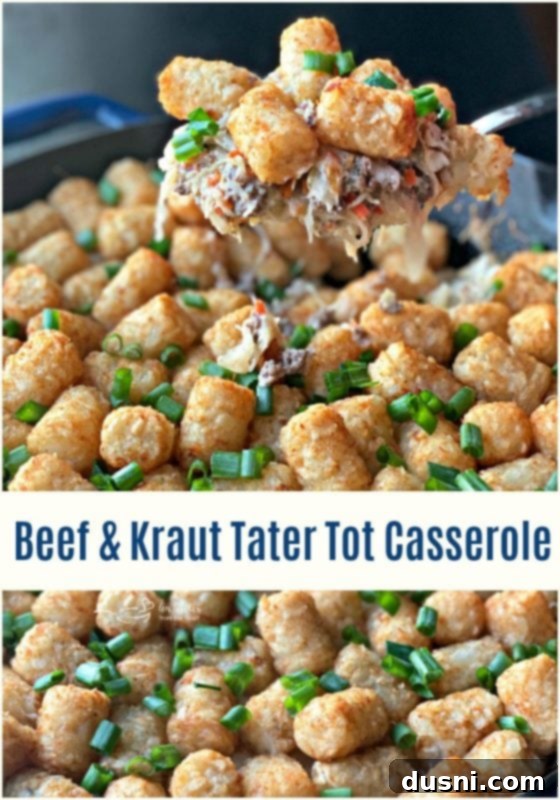 Beef & Kraut Tater Tot Casserole on a wooden board from An Affair from the Heart.