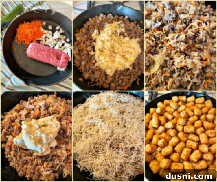 Step-by-step prep of Beef & Kraut Tater Tot Casserole showing browning beef, adding kraut, and mixing soup.