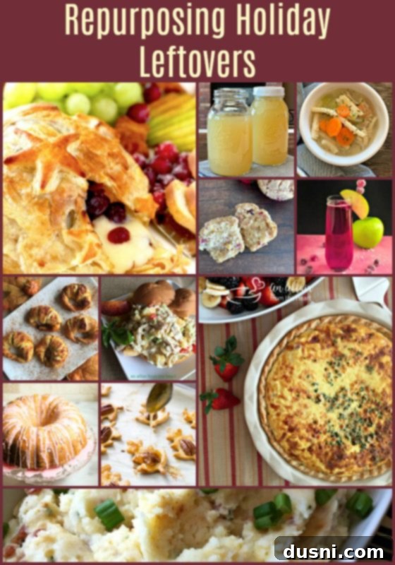 A collage of various holiday dishes and repurposed meals, encouraging readers to pin for later inspiration.