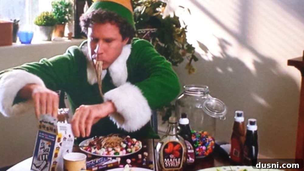 Buddy the Elf, an iconic character from the movie Elf, known for his love of sweets and holiday spirit.