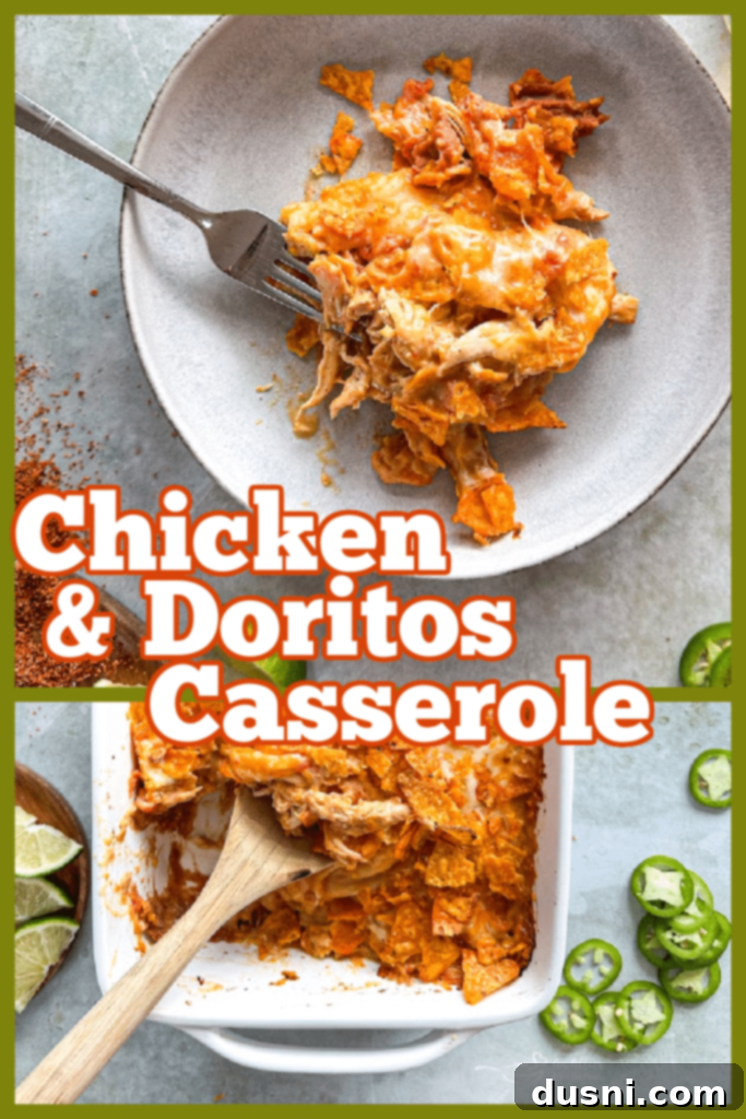 A close-up of a serving of Chicken and Doritos Casserole on a fork.