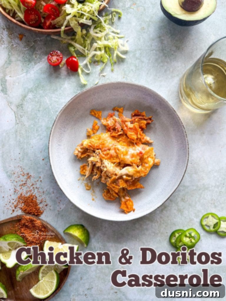 Hero shot of the complete Chicken and Doritos Casserole in a baking dish.